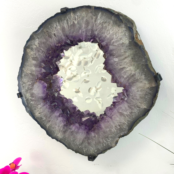 Wholesale Amethyst Slice Mirror with Custom Iron Frame - 12.45kg 15.5"w x16"h-Mirrors-Angelic Healing Crystals Wholesale