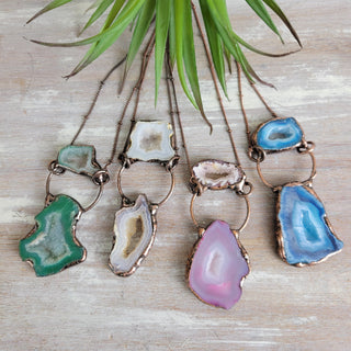 Agate Geode Pendant Necklace Double Stone with Antique Bronze Chain-Necklaces-Angelic Healing Crystals Wholesale
