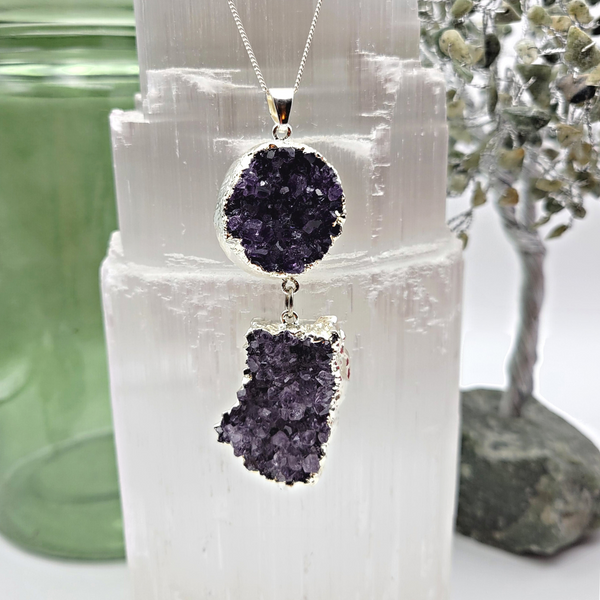 Amethyst Druzy Double Silver-Plated Pendant-Pendants-Angelic Healing Crystals Wholesale