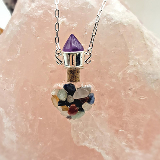 Amethyst Tip Heart Bottle w/Chakra Stone Chips Necklace-Necklaces-Angelic Healing Crystals Wholesale