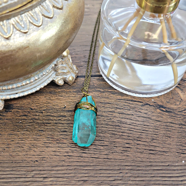 Blue Crystal Quartz Point Wrapped Antique Gold Wire Necklace-Necklaces-Angelic Healing Crystals Wholesale